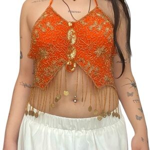 ORANGE‎ AND GOLD SEQUINS BUTTERFLY HALTER TOP SIZE MEDIUM